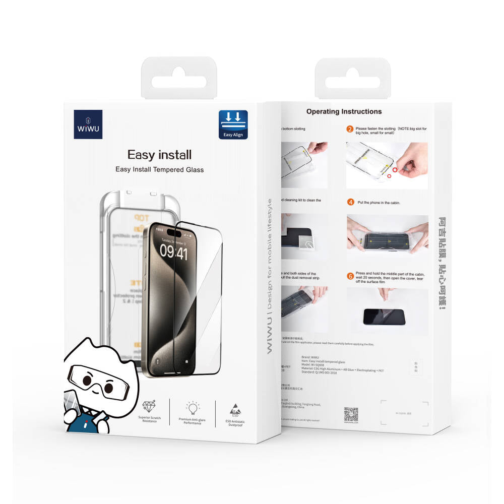 Apple iPhone 15 Plus Wiwu SQ-008 Oleophobic Easy Install Impact Resistant Tempered Glass Screen Protector + Easy Application Tool Black 