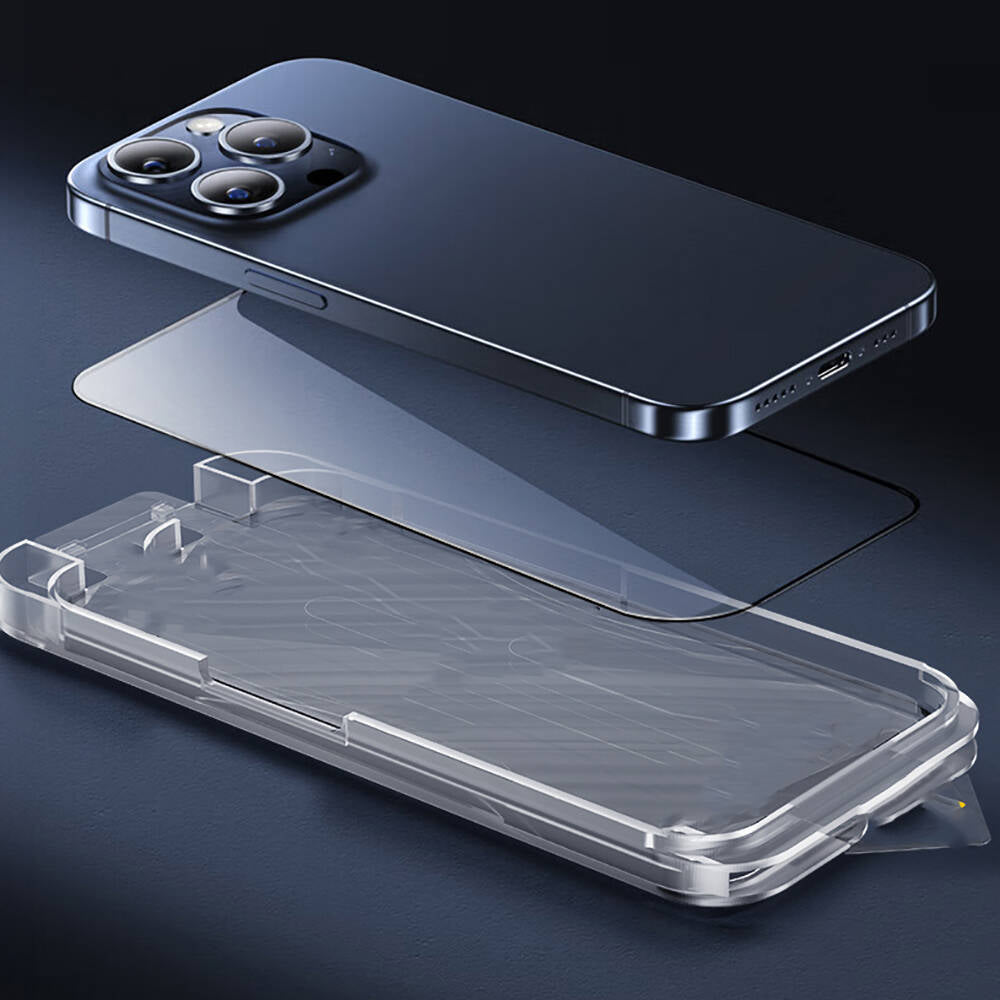 Apple iPhone 15 Plus Wiwu SQ-008 Oleophobic Easy Install Impact Resistant Tempered Glass Screen Protector + Easy Application Tool Black 