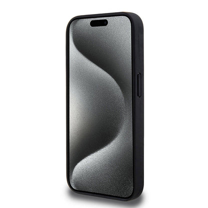 Apple iPhone 15 Pro Kılıf AMG Orjinal Lisanslı M-safe Şarj Özellikli Delikli Deri Kıvrımlı Çizgili Kapak Siyah