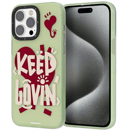 Apple iPhone 15 Pro Case Patterned Youngkit Happy Hearth Series Cover Aqua Green 