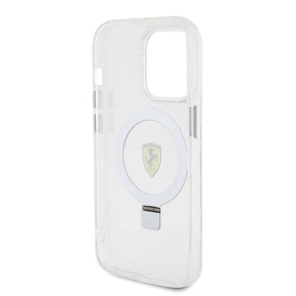 Apple iPhone 15 Pro Kılıf Ferrari M-safe Şarj Özellikli Standlı Buzlu Yüzey Dizayn Kapak Transparan Siyah
