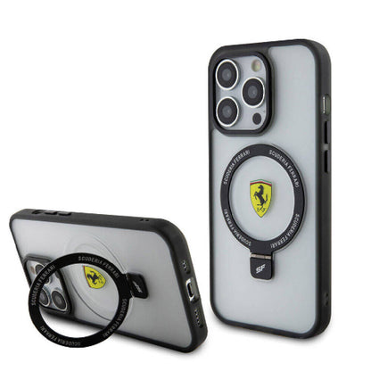 Apple iPhone 15 Pro Kılıf Ferrari M-safe Şarj Özellikli Standlı Buzlu Yüzey Dizayn Kapak Siyah