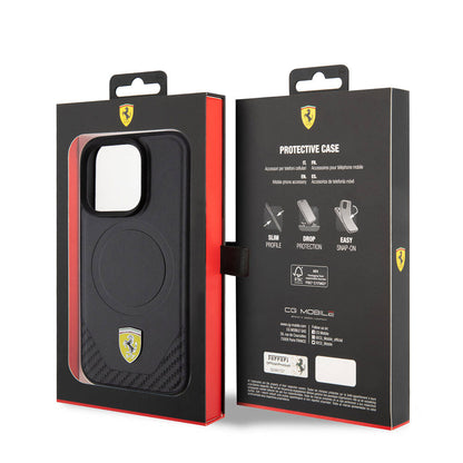 Apple iPhone 15 Pro Kılıf Ferrari Orjinal Lisanslı M-safe Şarj Özellikli Metal Logolu PU Karbon Kapak Kırmızı