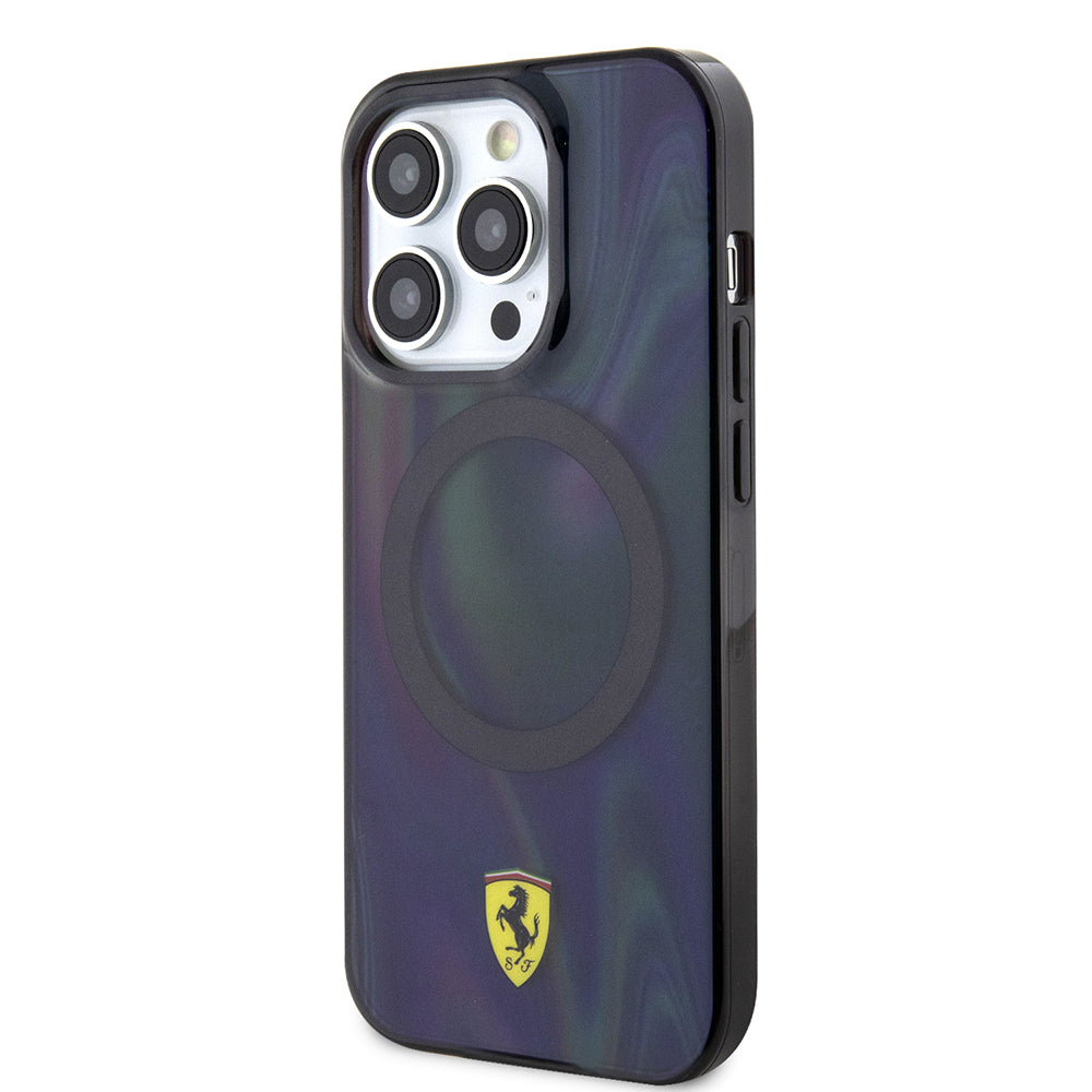 Apple iPhone 15 Pro Kılıf Ferrari Orjinal Lisanslı M-safe Şarj Özellikli Transparan Renk Geçişli Iridescent Kapak Siyah
