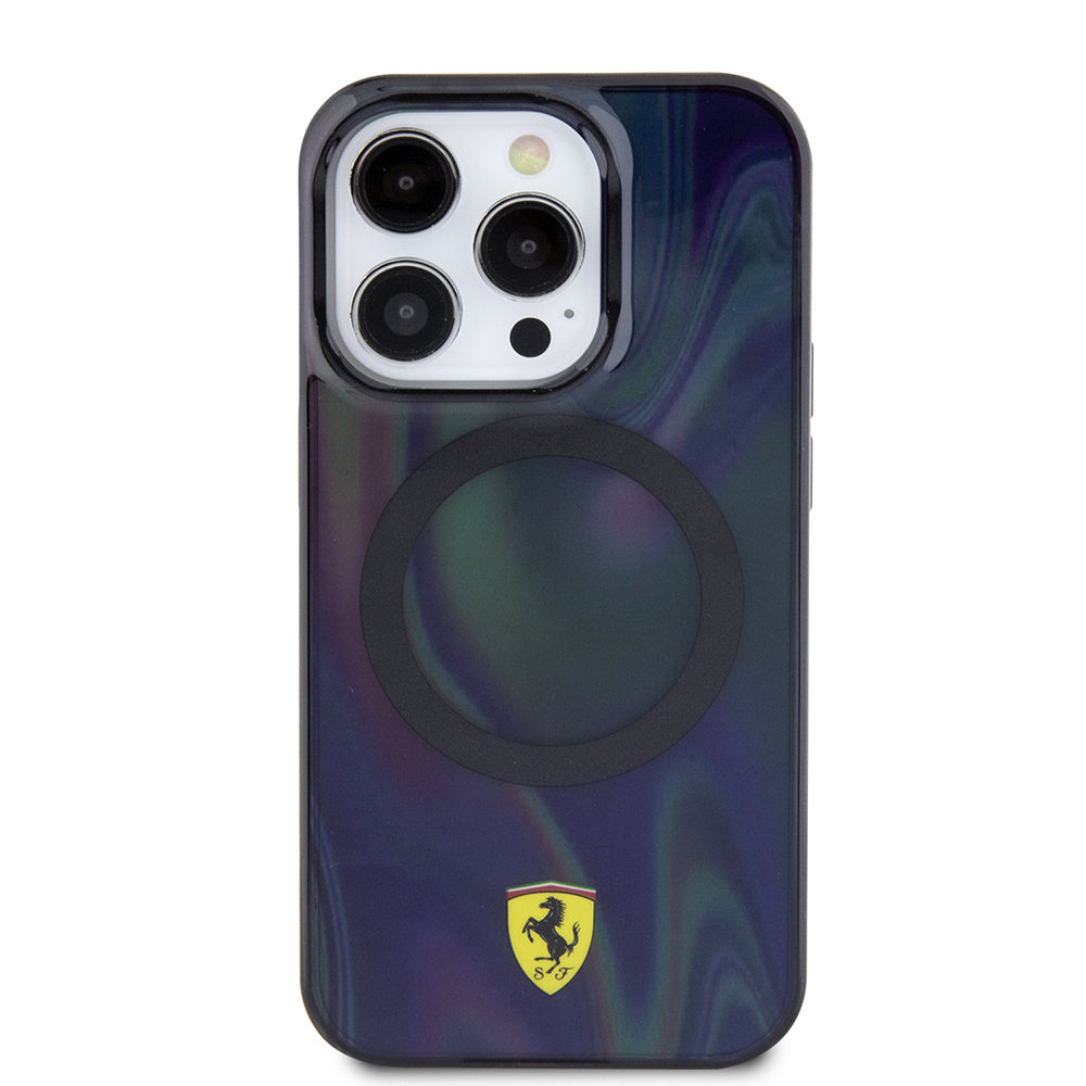 Apple iPhone 15 Pro Kılıf Ferrari Orjinal Lisanslı M-safe Şarj Özellikli Transparan Renk Geçişli Iridescent Kapak Siyah