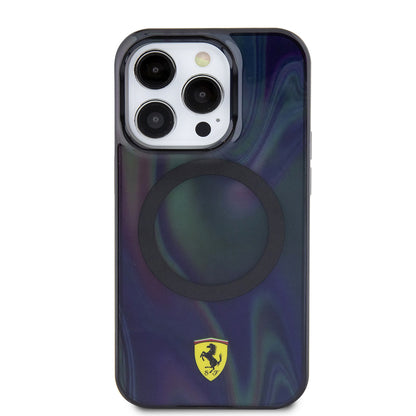Apple iPhone 15 Pro Kılıf Ferrari Orjinal Lisanslı M-safe Şarj Özellikli Transparan Renk Geçişli Iridescent Kapak Siyah