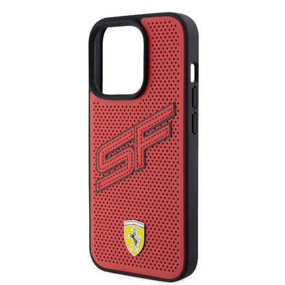Apple iPhone 15 Pro Kılıf Ferrari Orjinal Lisanslı PU Delikli Arka Yüzey Metal Logolu Dikişli Büyük SF Yazılı Kapak Siyah