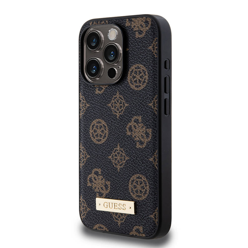 Apple iPhone 15 Pro Case Guess M-safe Charging Function PU Leather Patterned Metal Plate Logo Cover Black