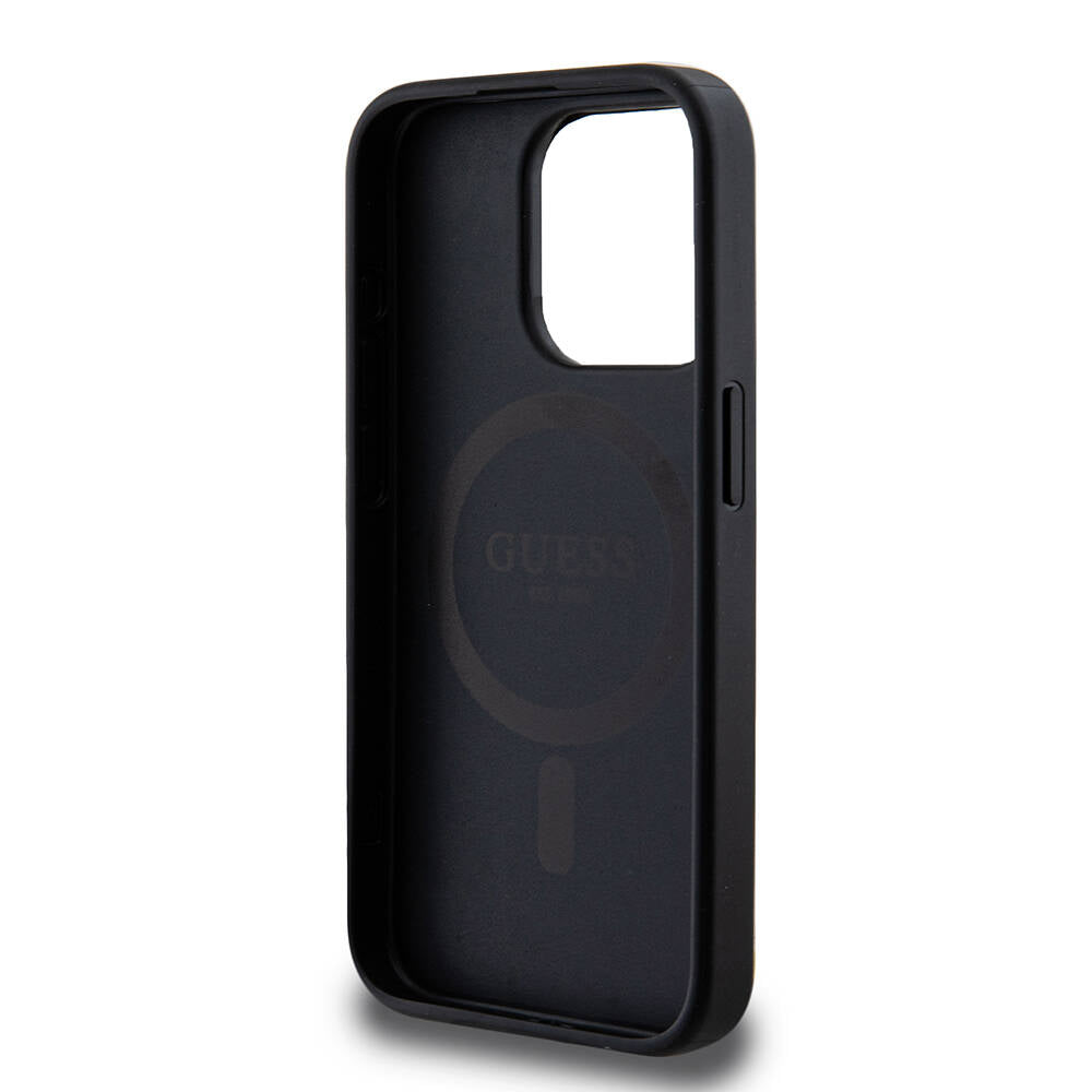Apple iPhone 15 Pro Case Guess M-safe Charging Function PU Leather Patterned Metal Plate Logo Cover Black