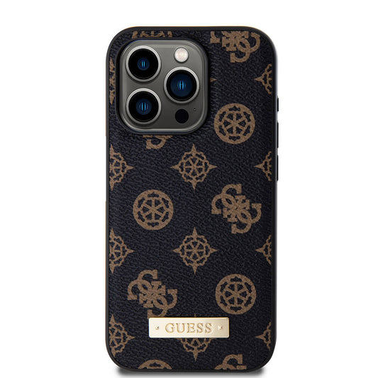 Apple iPhone 15 Pro Case Guess M-safe Charging Function PU Leather Patterned Metal Plate Logo Cover Black