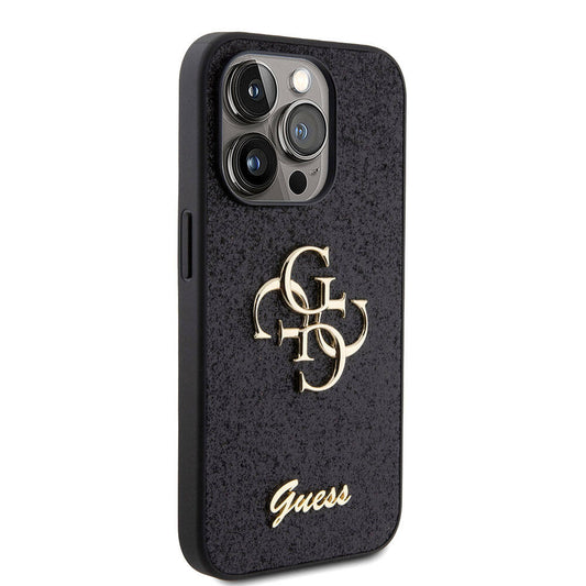 Apple iPhone 15 Pro Case Guess Original Licensed 4G Large Metal Logo Glitter Cover Black