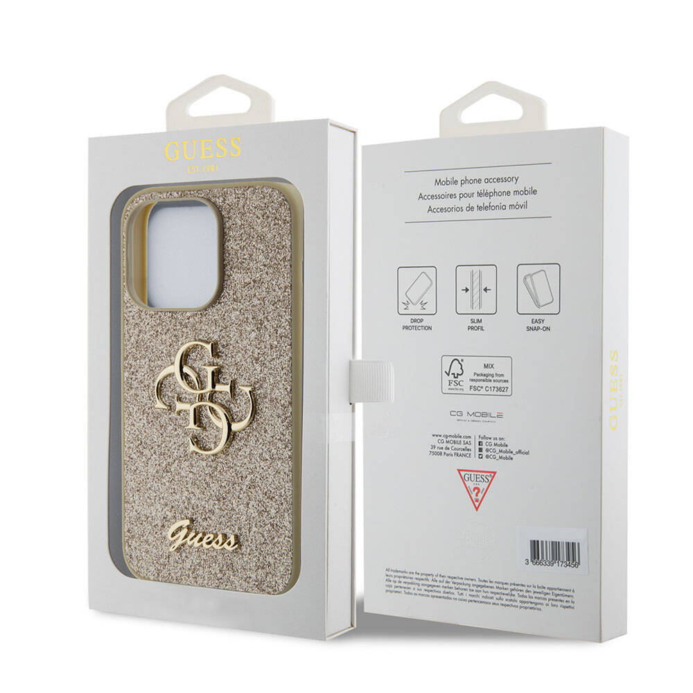 Apple iPhone 15 Pro Case Guess Original Licensed 4G Large Metal Logo Glitter Cover Black