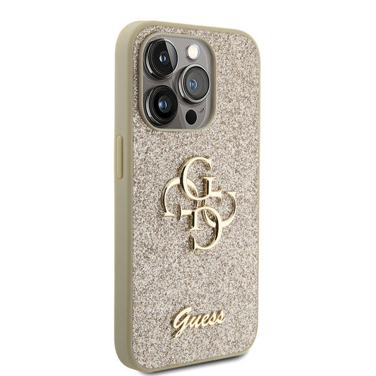 Apple iPhone 15 Pro Case Guess Original Licensed 4G Large Metal Logo Glitter Cover Gold