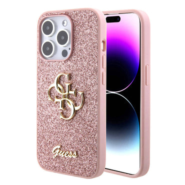 Apple iPhone 15 Pro Case Guess Original Licensed 4G Large Metal Logo Glitter Cover Black