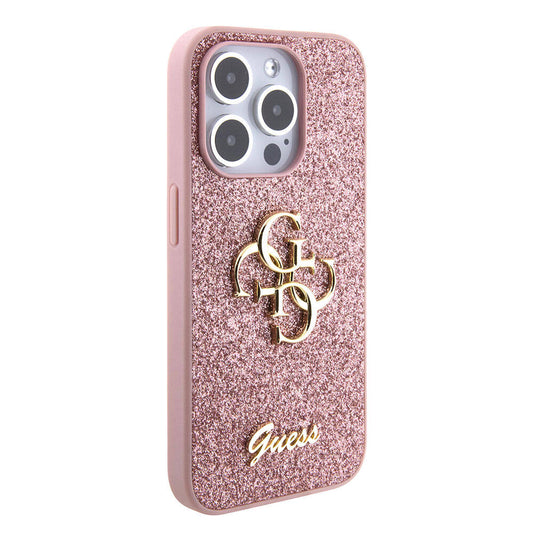 Apple iPhone 15 Pro Case Guess Original Licensed 4G Large Metal Logo Glitter Cover Pink