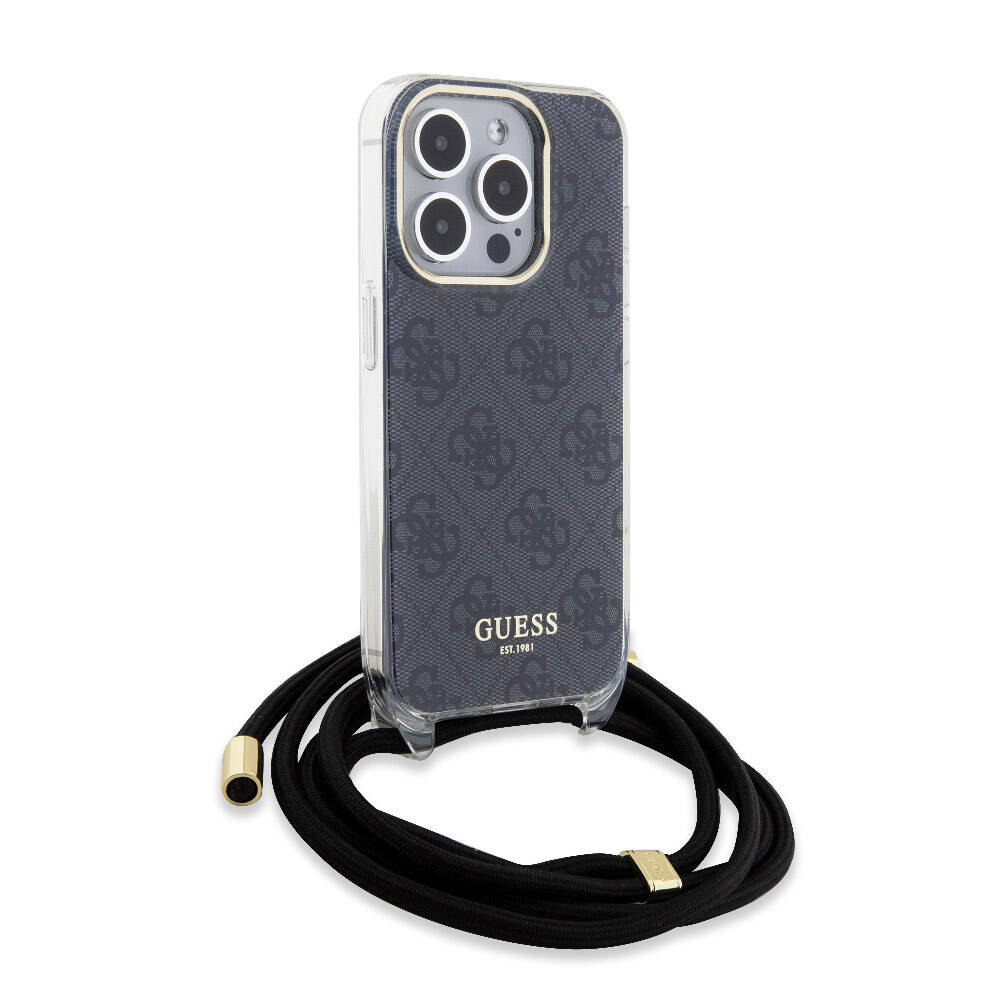 Apple iPhone 15 Pro Case Guess Original Licensed Cross Lanyard 4G Patterned Cover Black
