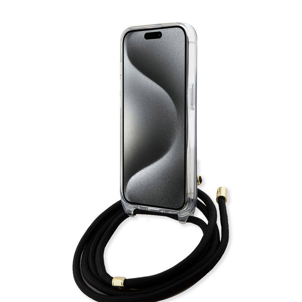 Apple iPhone 15 Pro Case Guess Original Licensed Cross Lanyard 4G Patterned Cover Black