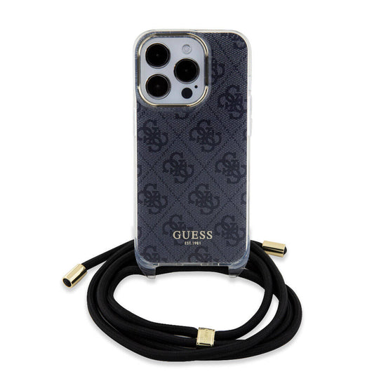 Apple iPhone 15 Pro Case Guess Original Licensed Cross Lanyard 4G Patterned Cover Black