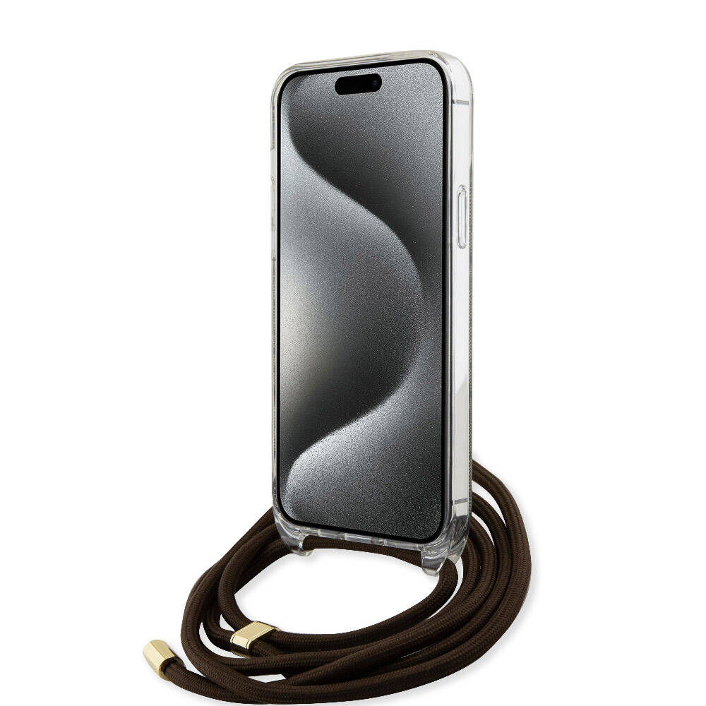 Apple iPhone 15 Pro Case Guess Original Licensed Cross Lanyard 4G Patterned Cover Black