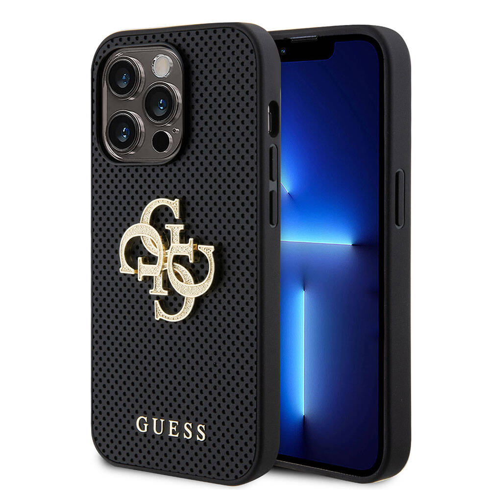 Apple iPhone 15 Pro Case Guess Original Licensed Perforated Text and 4G Glitter Large Metal Logo Cover Brown
