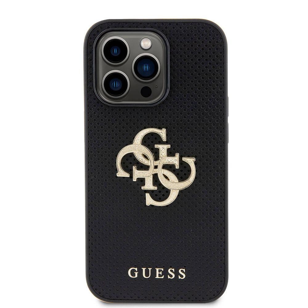 Apple iPhone 15 Pro Case Guess Original Licensed Perforated Text and 4G Glitter Large Metal Logo Cover Brown