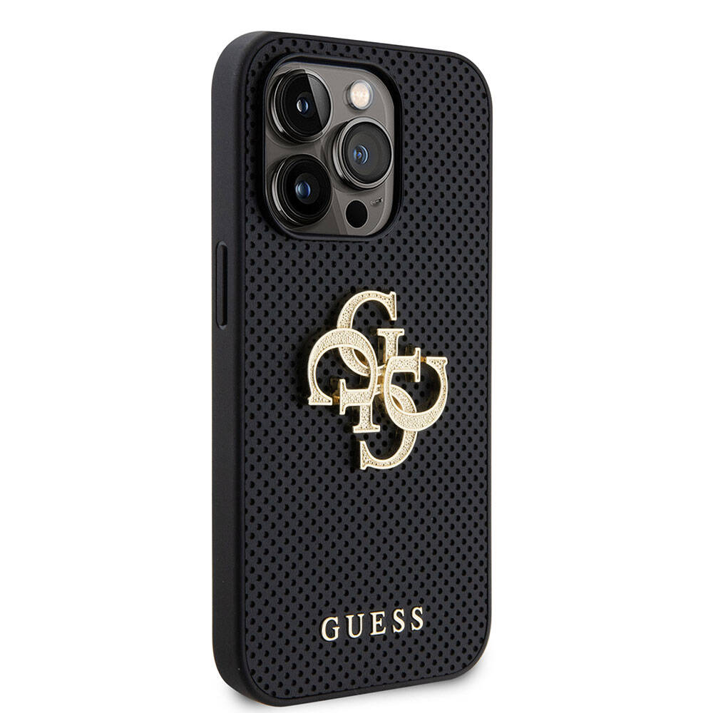 Apple iPhone 15 Pro Case Guess Original Licensed Perforated Text and 4G Glitter Large Metal Logo Cover Black