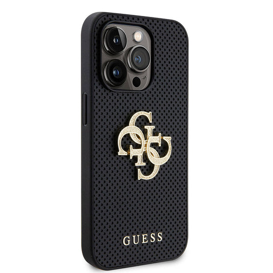 Apple iPhone 15 Pro Case Guess Original Licensed Perforated Text and 4G Glitter Large Metal Logo Cover Black
