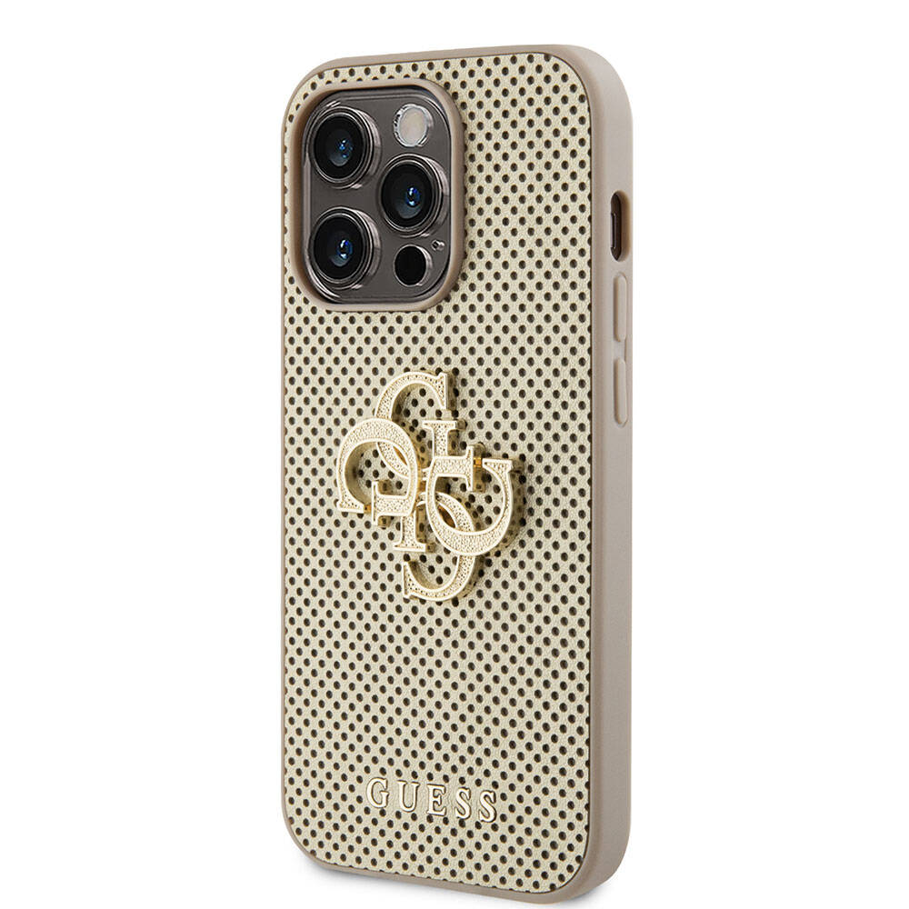 Apple iPhone 15 Pro Case Guess Original Licensed Perforated Text and 4G Glitter Large Metal Logo Cover Brown