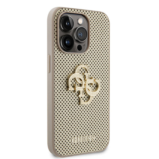 Apple iPhone 15 Pro Case Guess Original Licensed Perforated Text and 4G Glitter Large Metal Logo Cover Gold