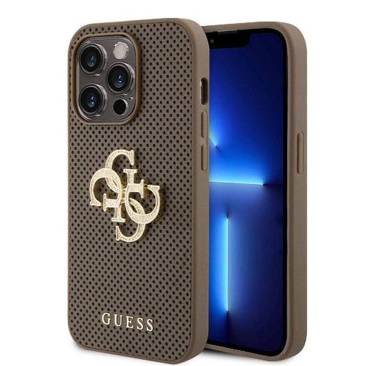 Apple iPhone 15 Pro Case Guess Original Licensed Perforated Text and 4G Glitter Large Metal Logo Cover Brown