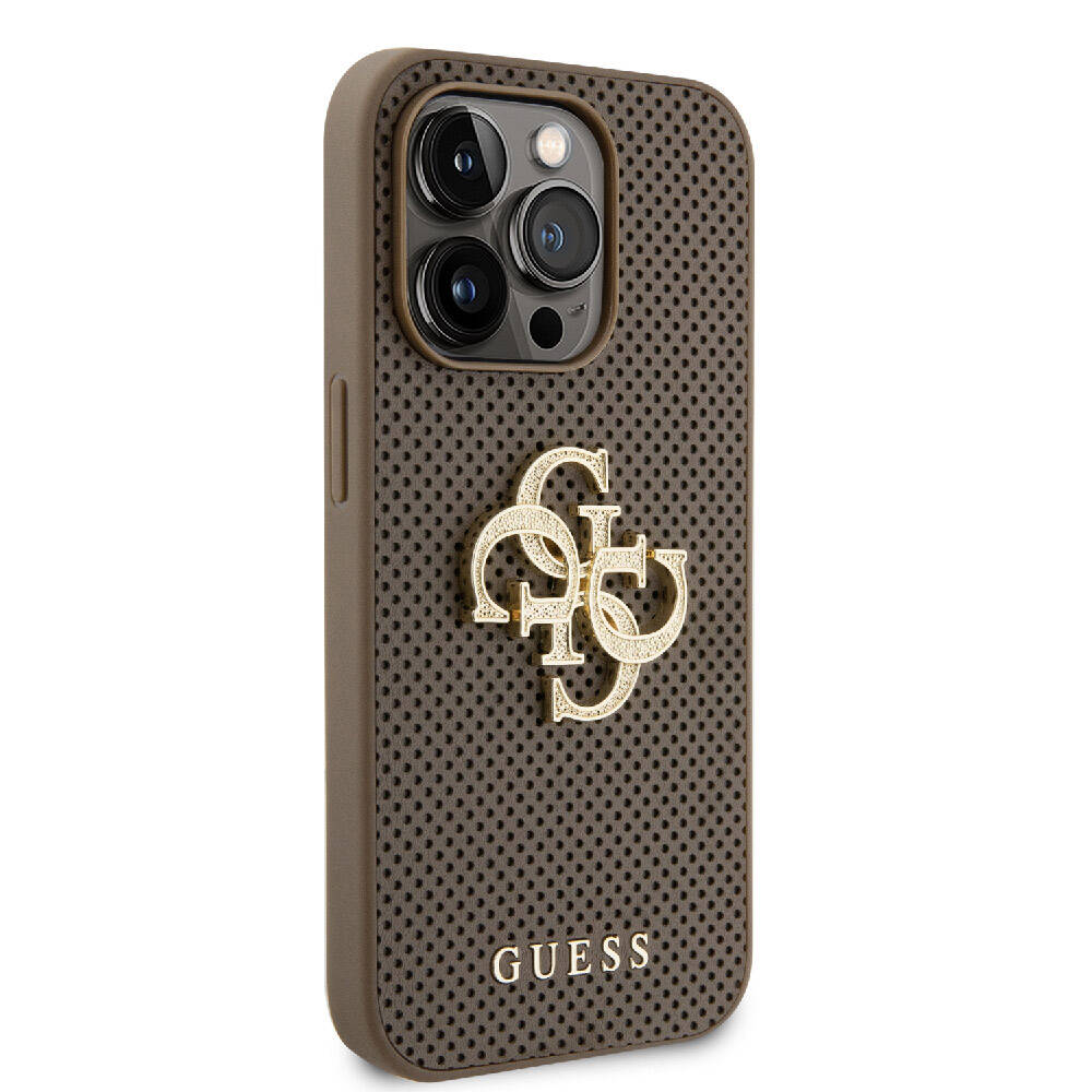 Apple iPhone 15 Pro Case Guess Original Licensed Perforated Text and 4G Glitter Large Metal Logo Cover Brown