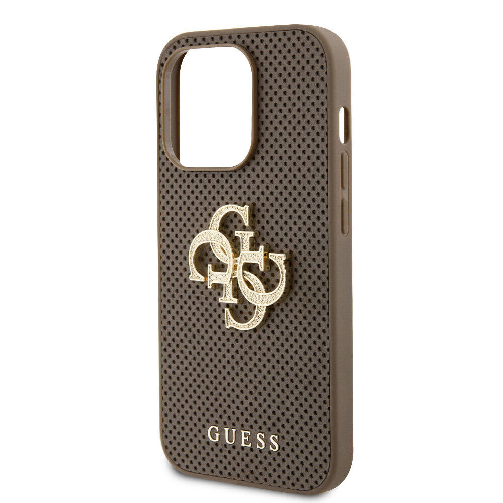 Apple iPhone 15 Pro Case Guess Original Licensed Perforated Text and 4G Glitter Large Metal Logo Cover Brown