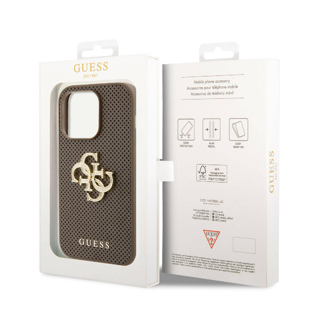 Apple iPhone 15 Pro Case Guess Original Licensed Perforated Text and 4G Glitter Large Metal Logo Cover Brown