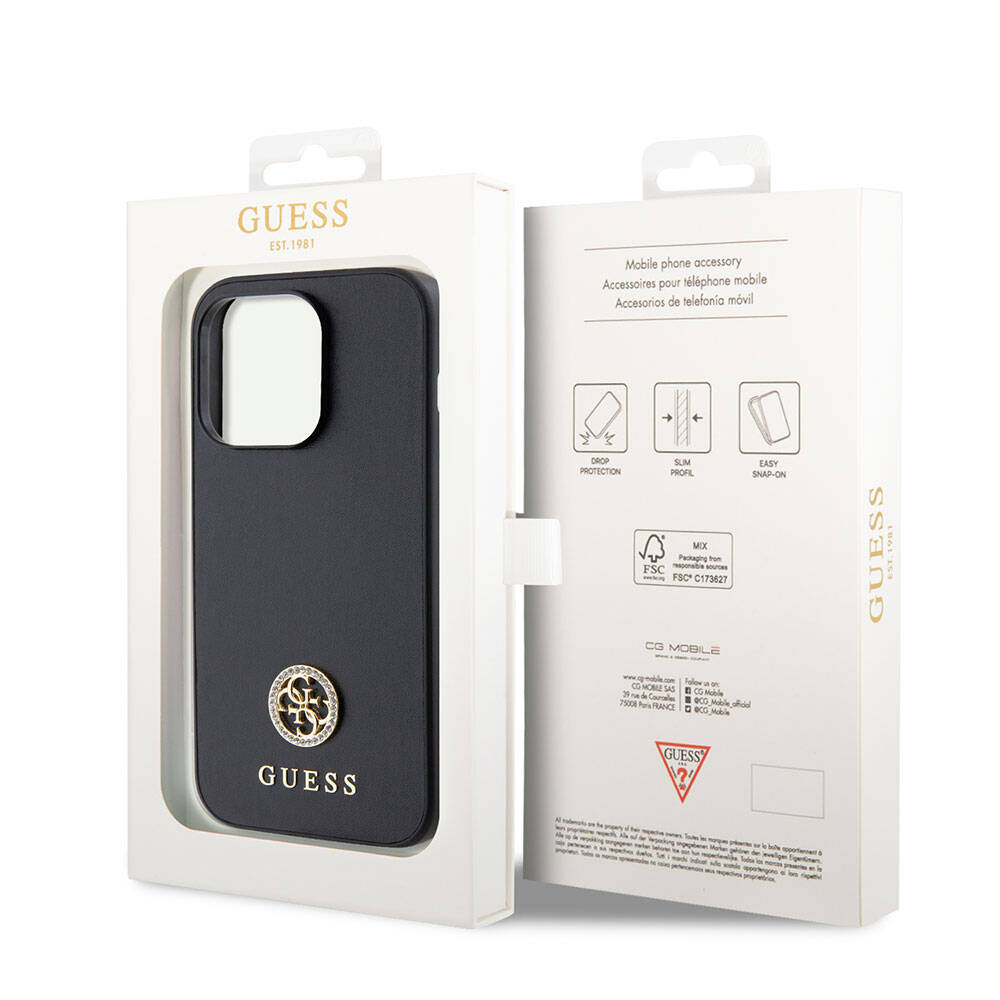 Apple iPhone 15 Pro Case Guess Original Licensed Leather 4G Metal Logo Strass Cover Black