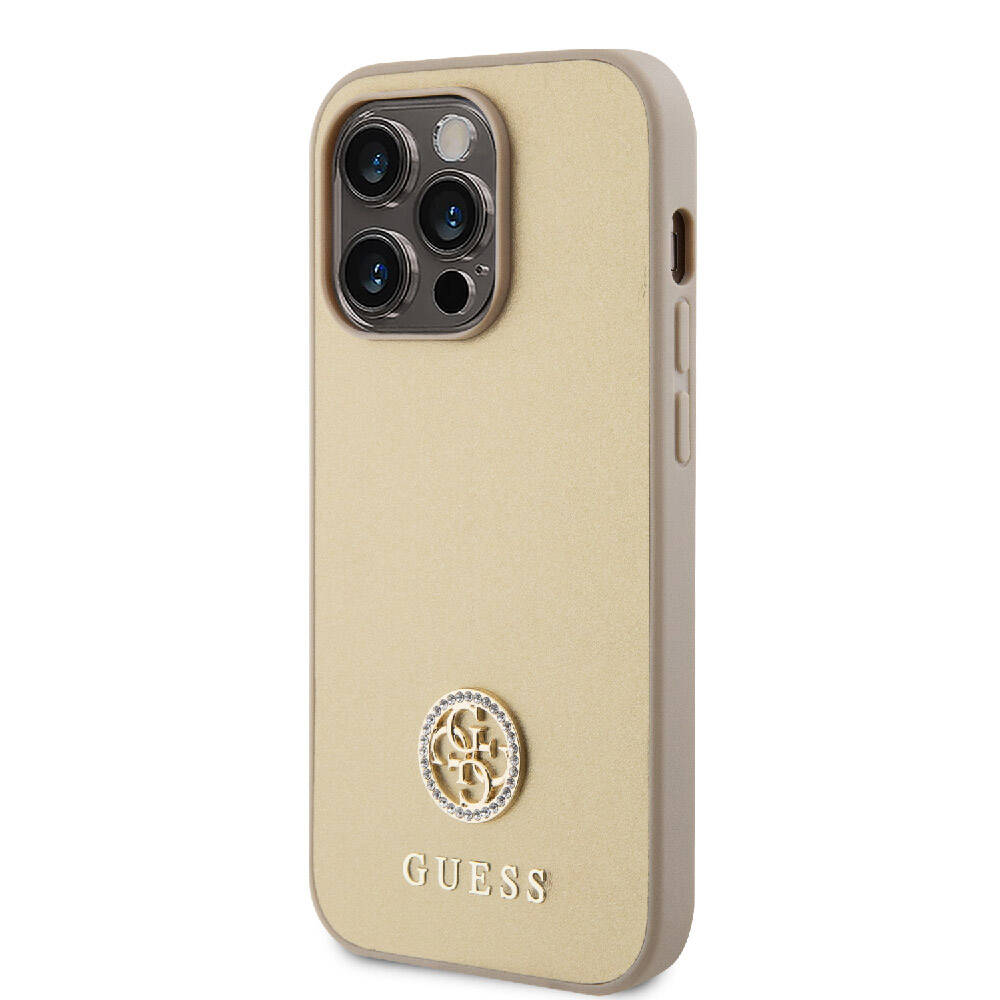 Apple iPhone 15 Pro Case Guess Original Licensed Leather 4G Metal Logo Strass Cover Gold