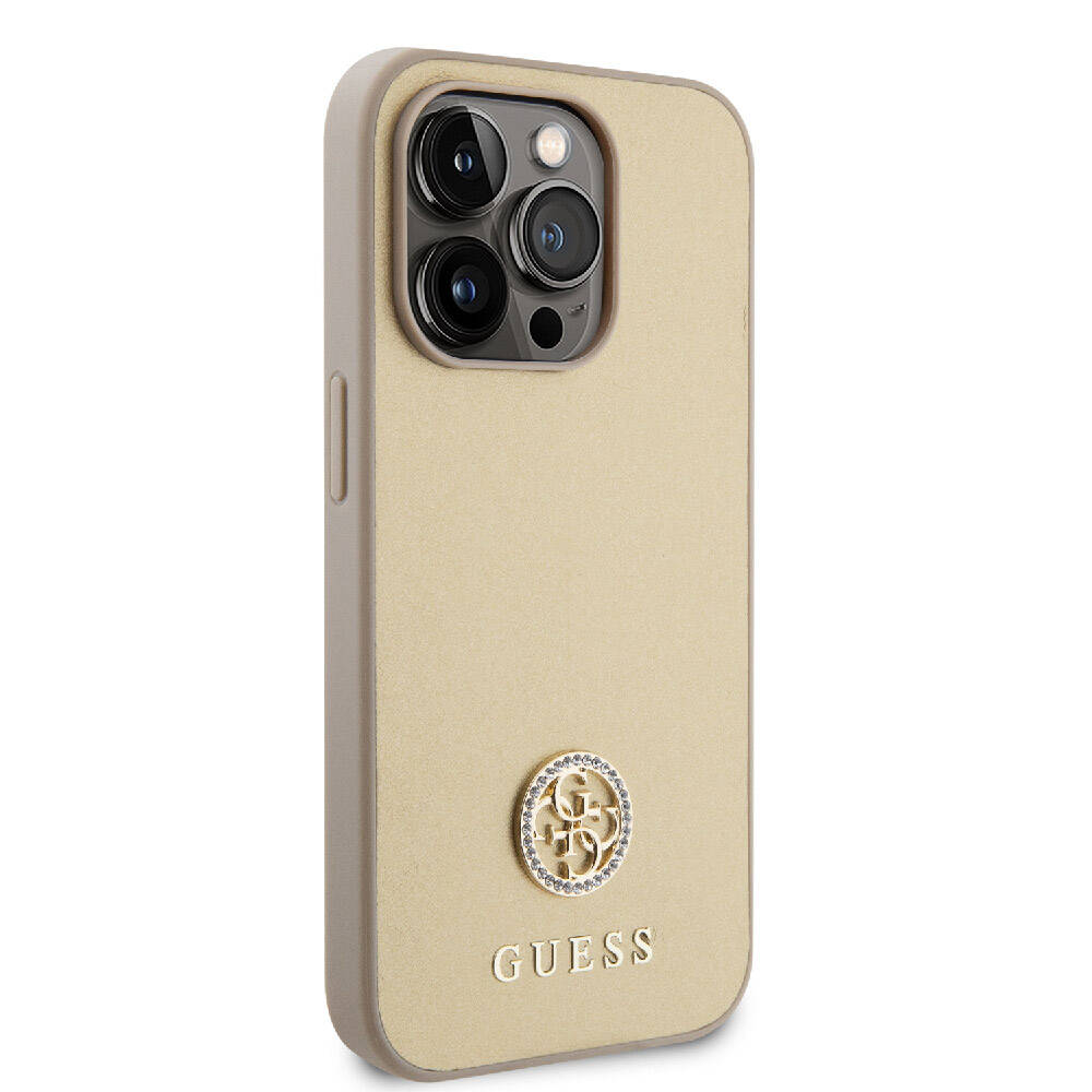 Apple iPhone 15 Pro Case Guess Original Licensed Leather 4G Metal Logo Strass Cover Gold