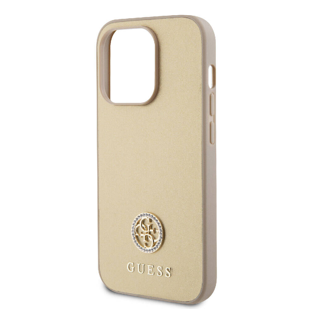 Apple iPhone 15 Pro Case Guess Original Licensed Leather 4G Metal Logo Strass Cover Gold