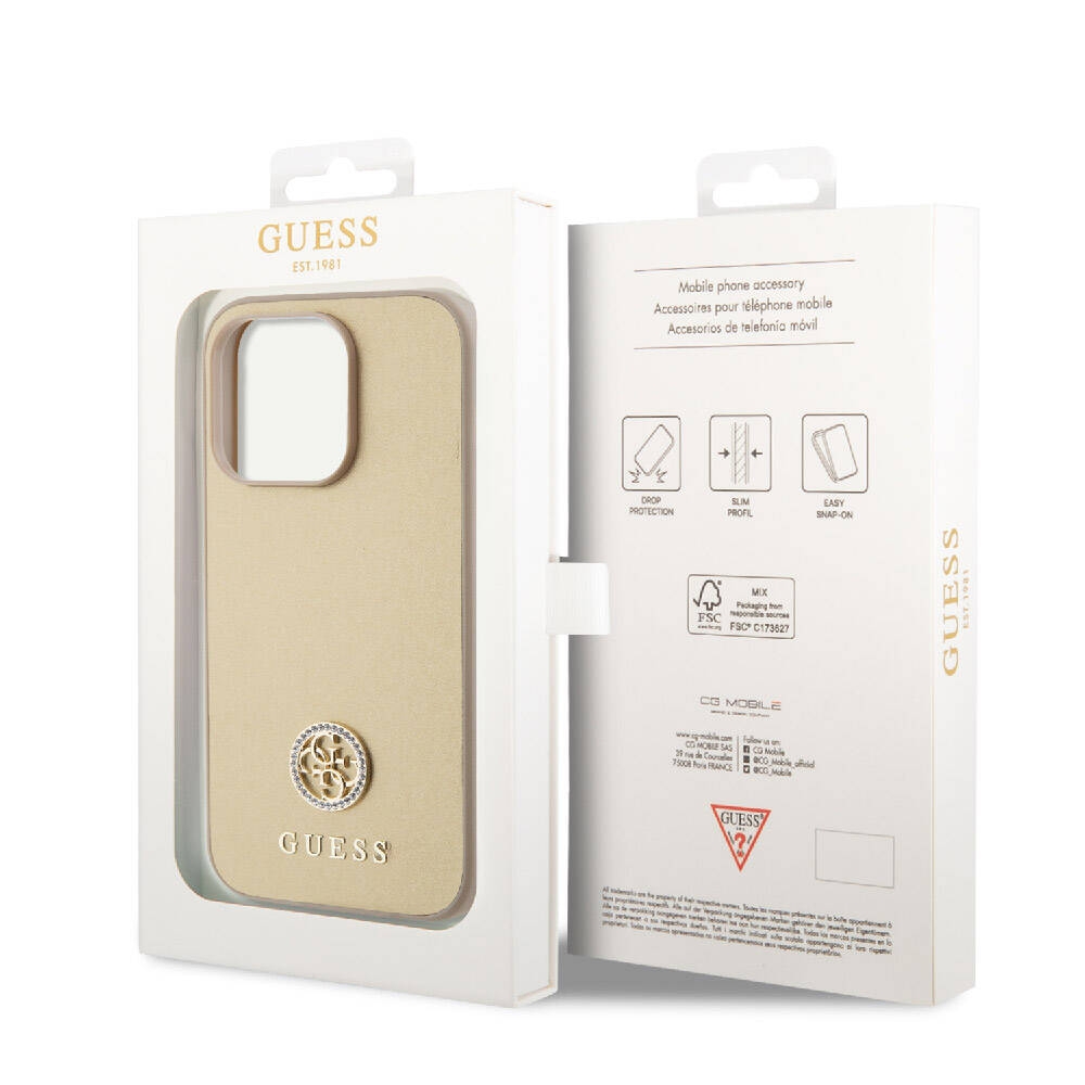 Apple iPhone 15 Pro Case Guess Original Licensed Leather 4G Metal Logo Strass Cover Gold