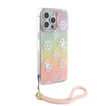 Apple iPhone 15 Pro Case Guess Original Licensed Patterned Text Logo Holographic Glitter Peony Cover Pink