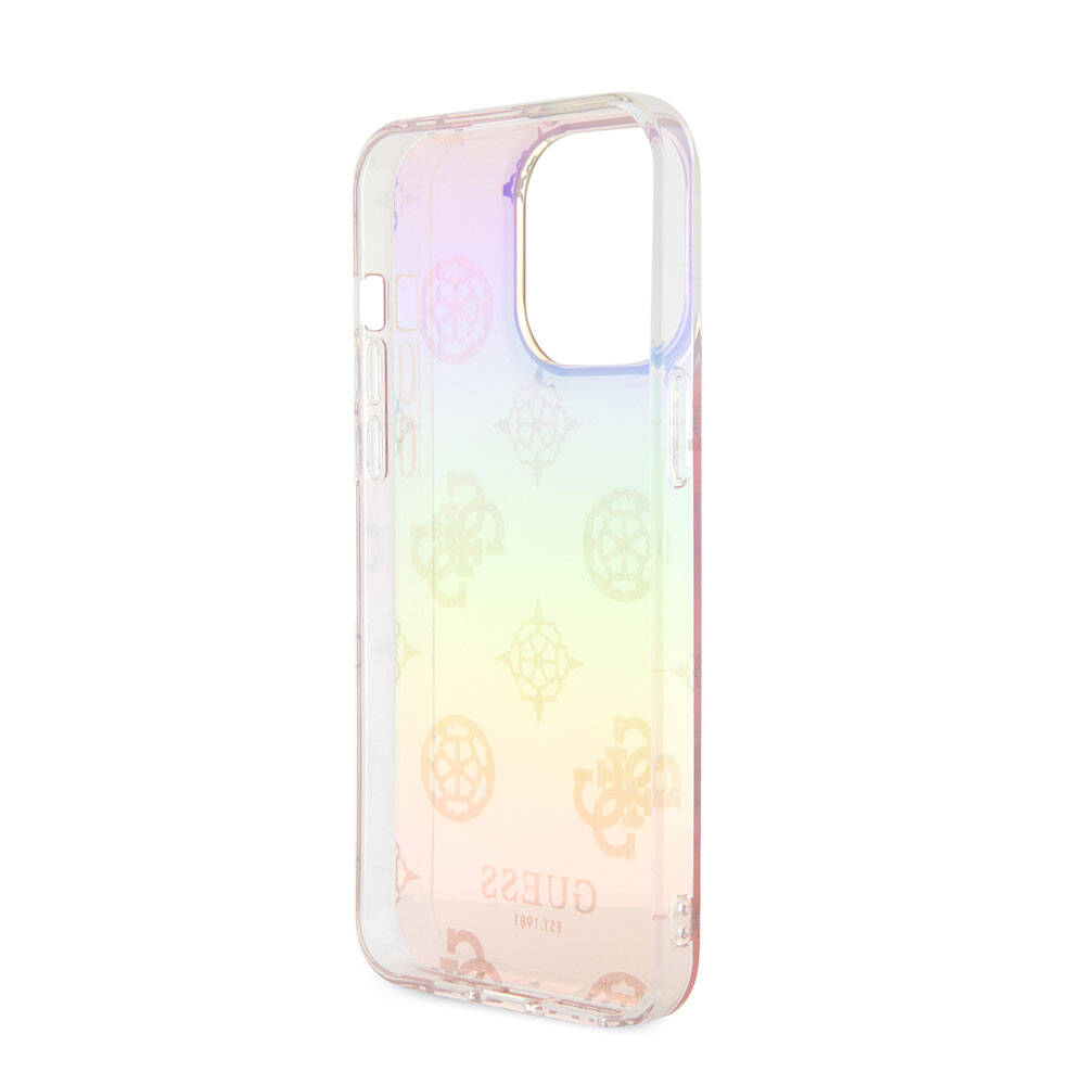 Apple iPhone 15 Pro Case Guess Original Licensed Patterned Text Logo Holographic Glitter Peony Cover Pink