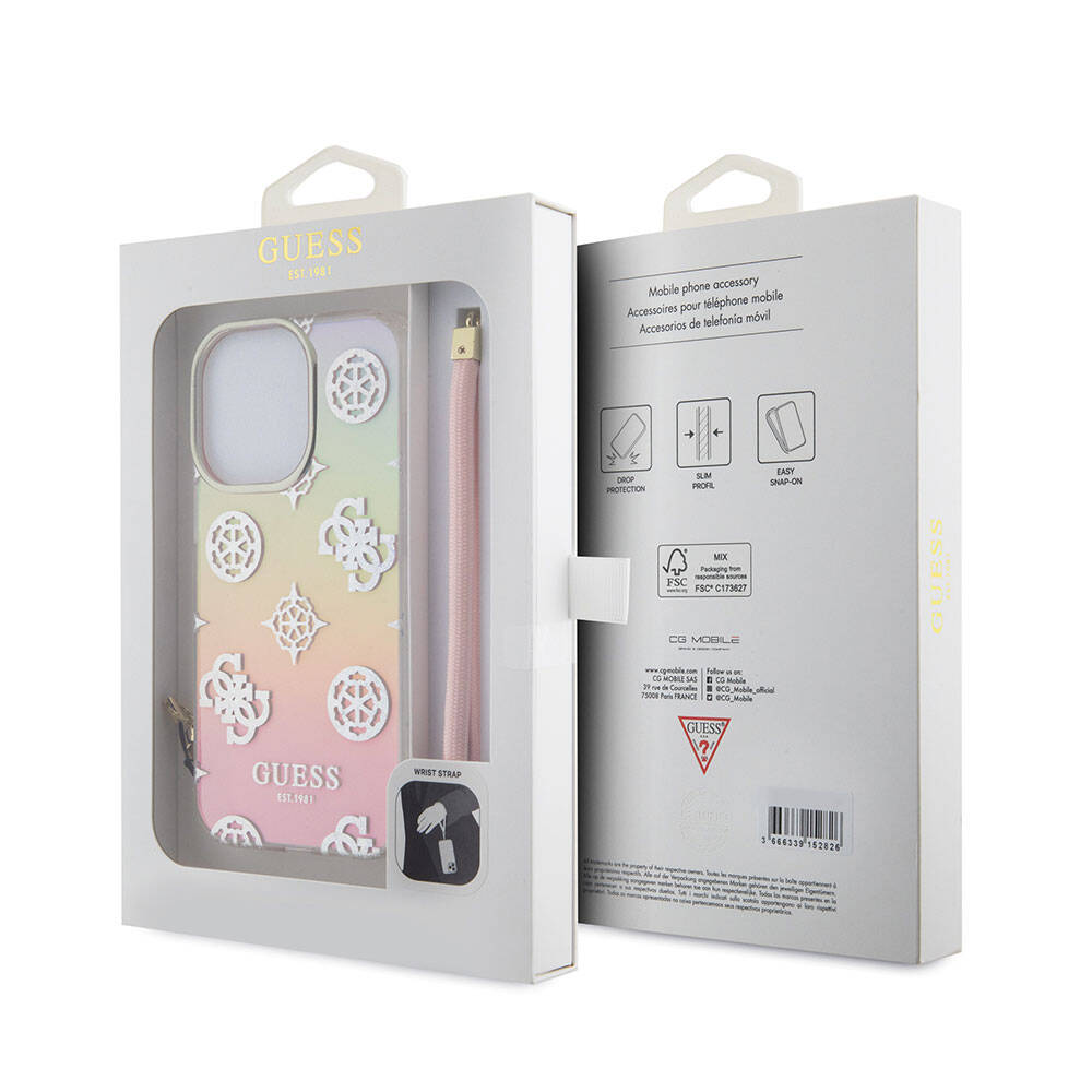 Apple iPhone 15 Pro Case Guess Original Licensed Patterned Text Logo Holographic Glitter Peony Cover Pink