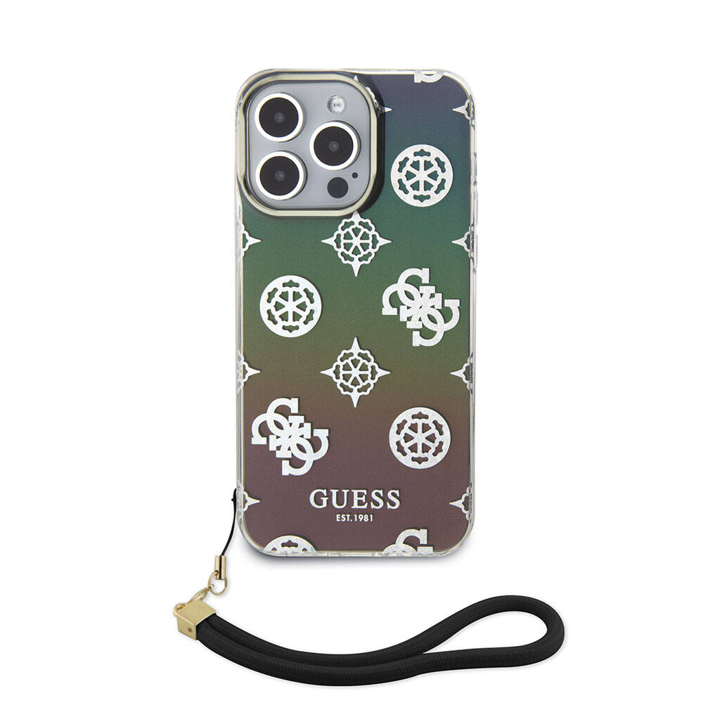 Apple iPhone 15 Pro Case Guess Original Licensed Patterned Text Logo Holographic Glitter Peony Cover Turquoise