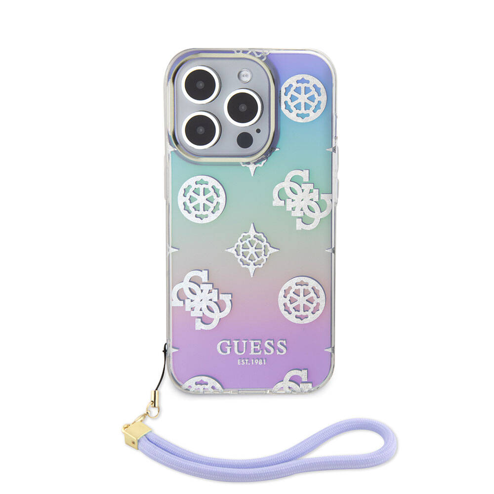 Apple iPhone 15 Pro Case Guess Original Licensed Patterned Text Logo Holographic Glitter Peony Cover Turquoise