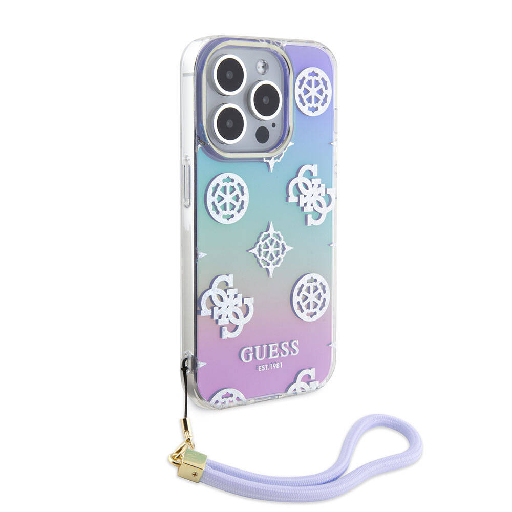 Apple iPhone 15 Pro Case Guess Original Licensed Patterned Text Logo Holographic Glitter Peony Cover Pink