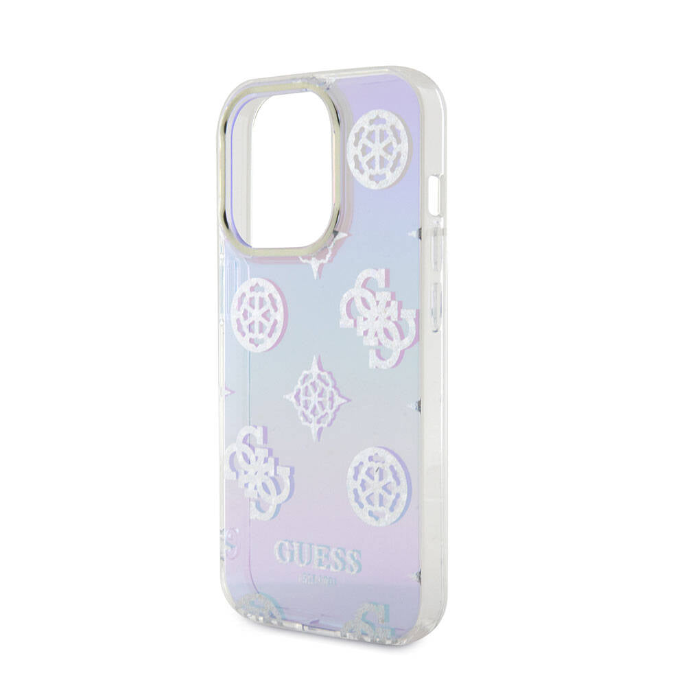 Apple iPhone 15 Pro Case Guess Original Licensed Patterned Text Logo Holographic Glitter Peony Cover Pink