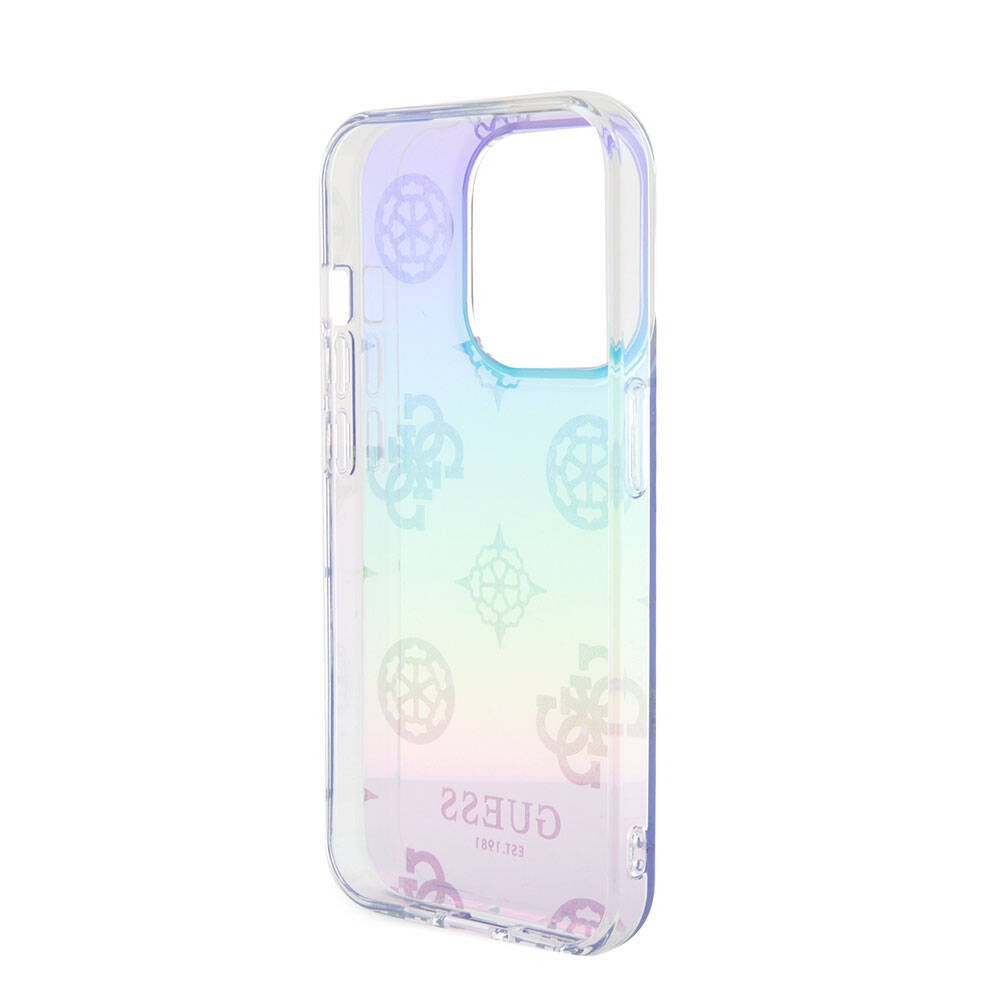 Apple iPhone 15 Pro Case Guess Original Licensed Patterned Text Logo Holographic Glitter Peony Cover Pink