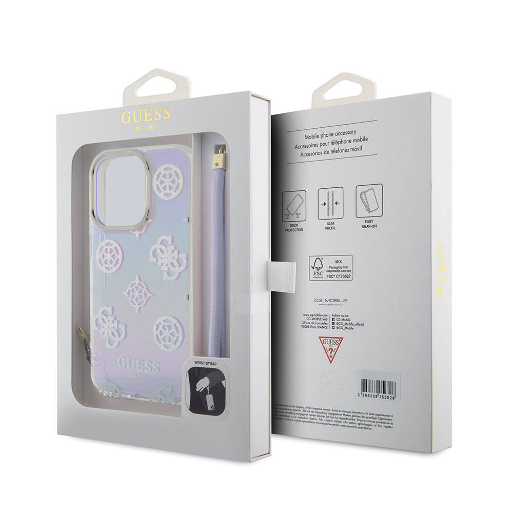 Apple iPhone 15 Pro Case Guess Original Licensed Patterned Text Logo Holographic Glitter Peony Cover Purple