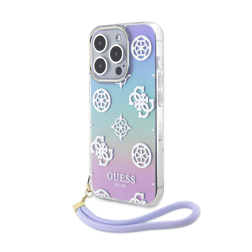 Apple iPhone 15 Pro Case Guess Original Licensed Patterned Text Logo Holographic Glitter Peony Cover Purple