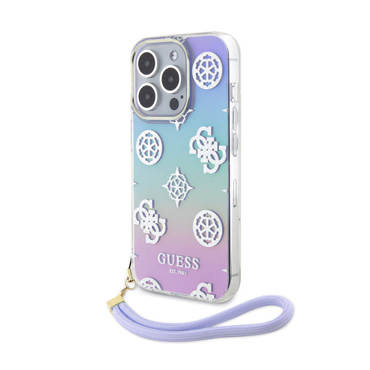 Apple iPhone 15 Pro Case Guess Original Licensed Patterned Text Logo Holographic Glitter Peony Cover Purple