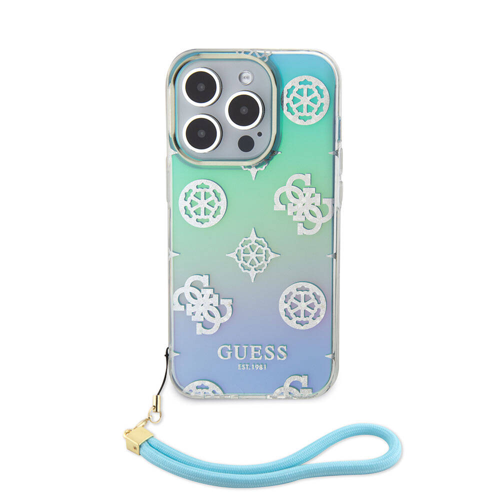 Apple iPhone 15 Pro Case Guess Original Licensed Patterned Text Logo Holographic Glitter Peony Cover Turquoise